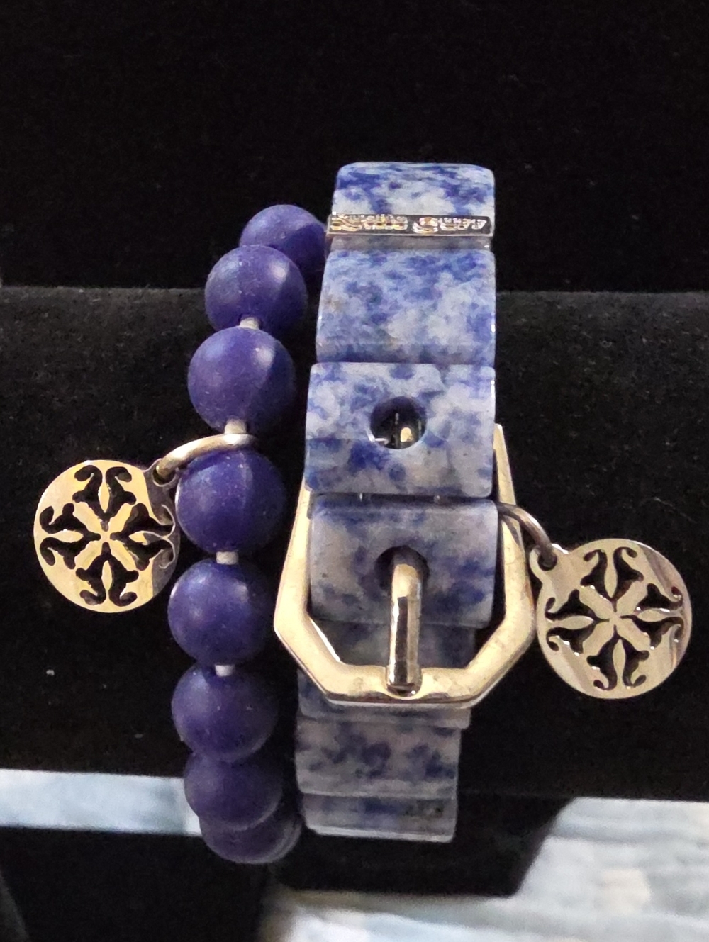 Rustic Cuff Blue Beaded and Sodalite Stone Bracelet Set with Silver Charms